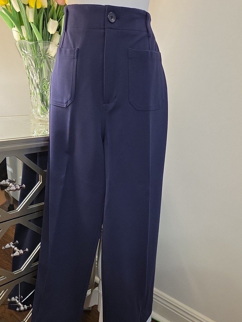 Jones New York Navy Wide-Leg High-Rise Trousers with Patch Pockets